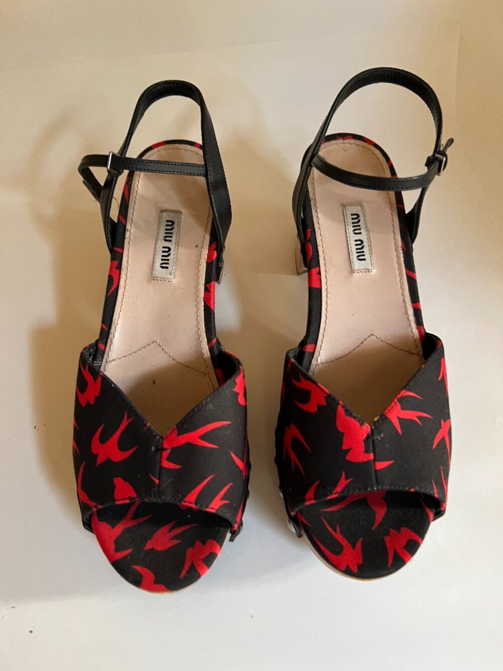 Miu Miu Swallow Platform Sandals Silver Studs Wooden Heels Black and Red Size 38